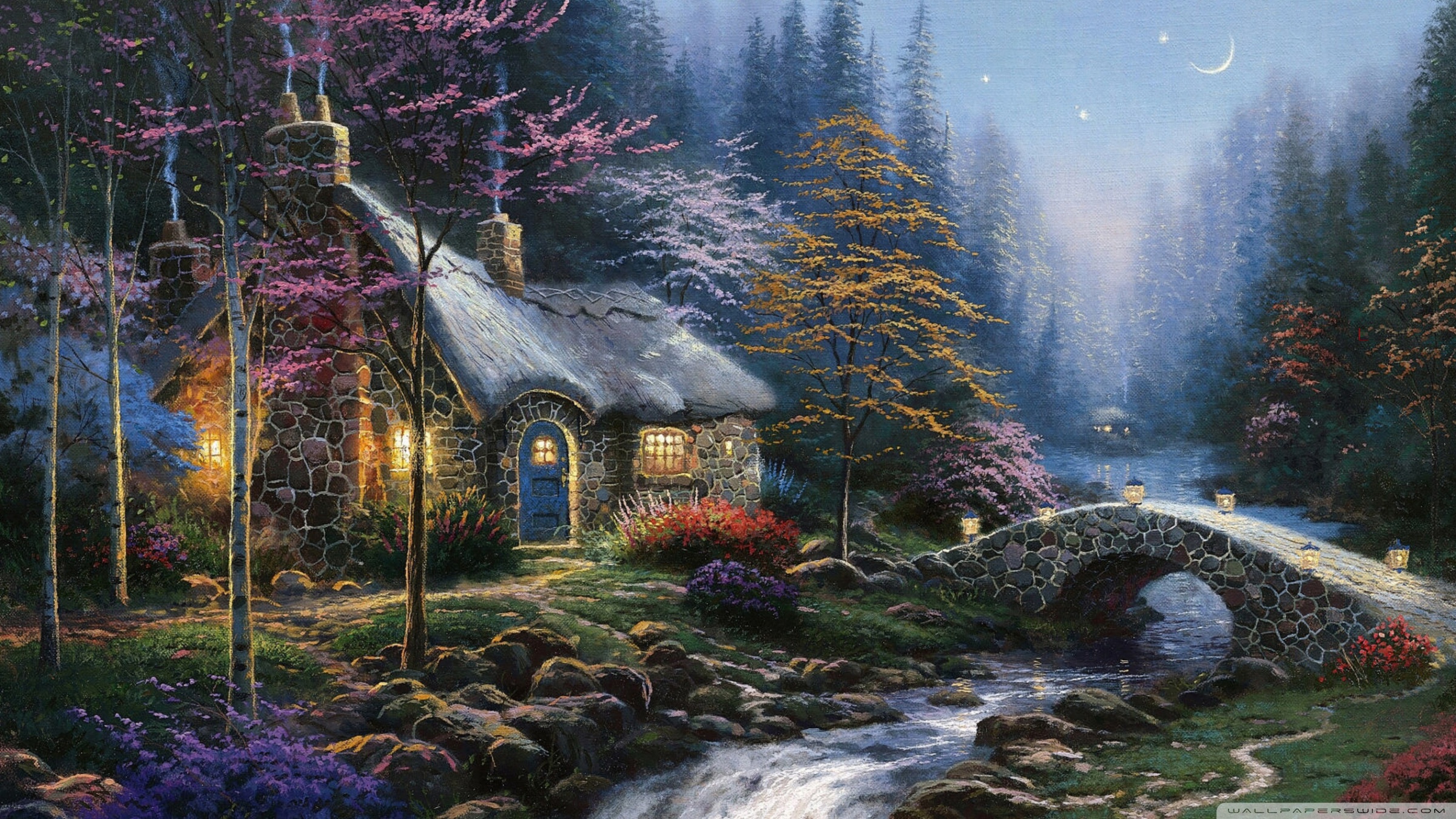 Forest Cottage Spring Painting Ultra Hd Desktop Background