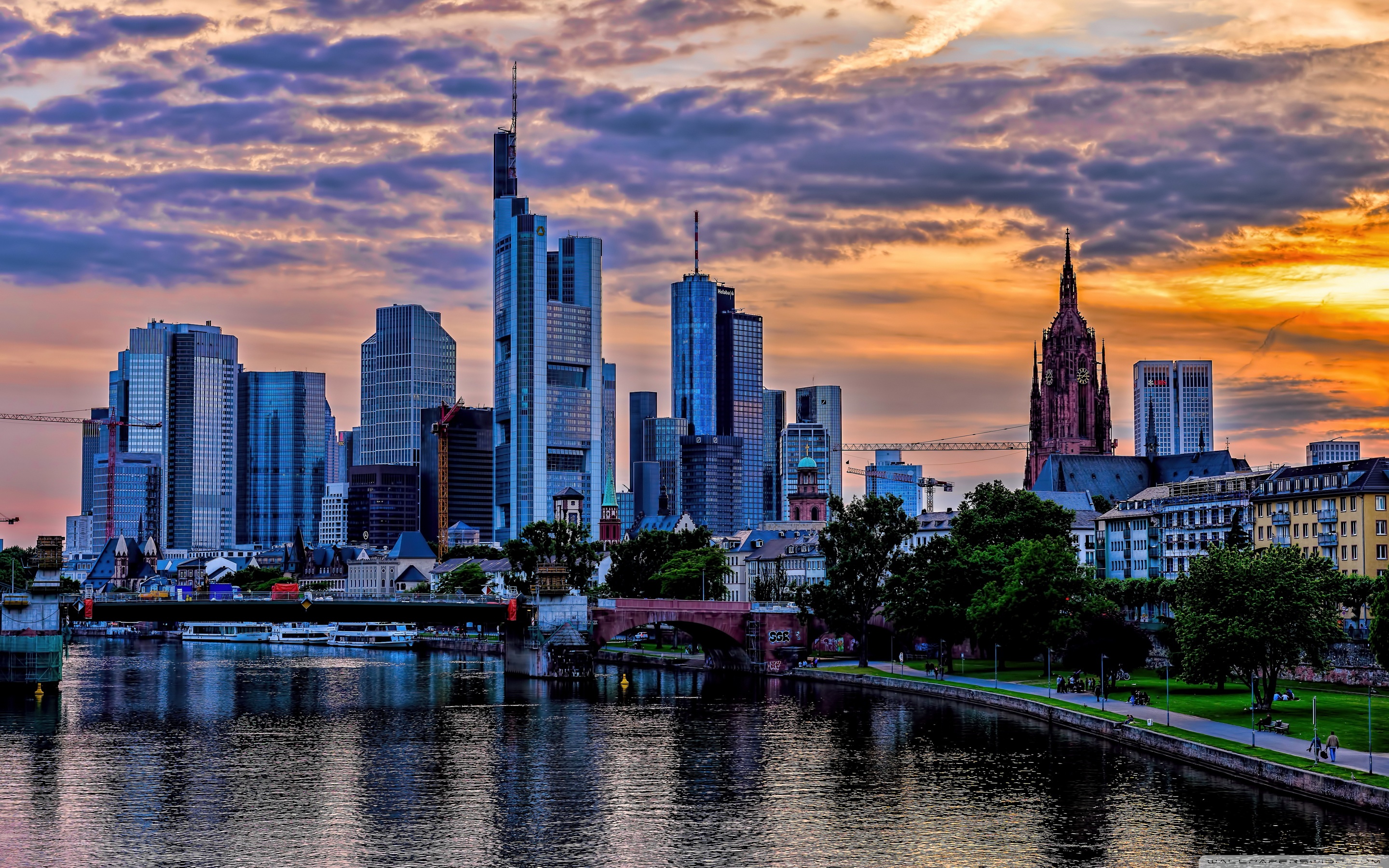 Frankfurt Skyscrapers Skyline, Main River, Germany Ultra HD Desktop