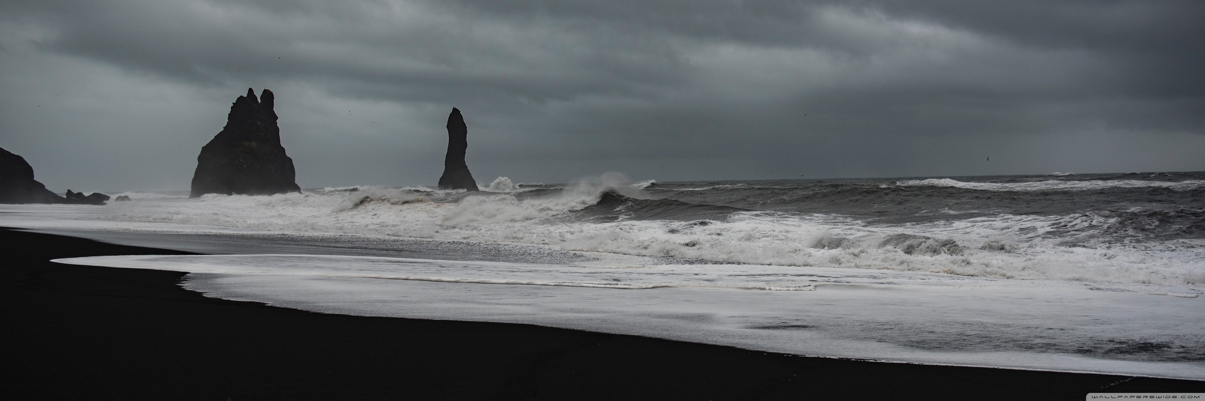 Stormy Weather Waves Black Sand Beach Rocks Ultra Hd Desktop