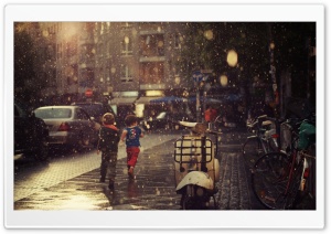 Children Running In The Rain HD Wide Wallpaper for Widescreen
