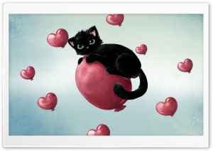 Cute Kitty Floating On Heart Baloons HD Wide Wallpaper for Widescreen
