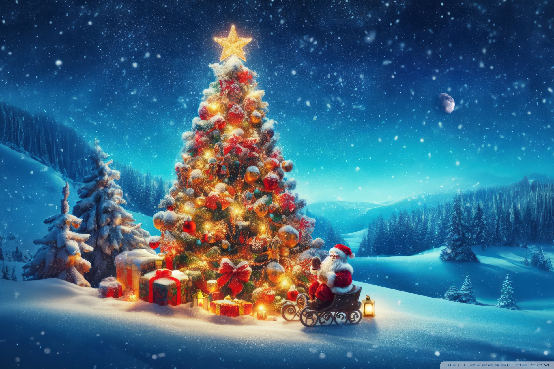 Amazing Christmas Tree, Night, Santa Claus, Landscape Ultra HD Desktop ...