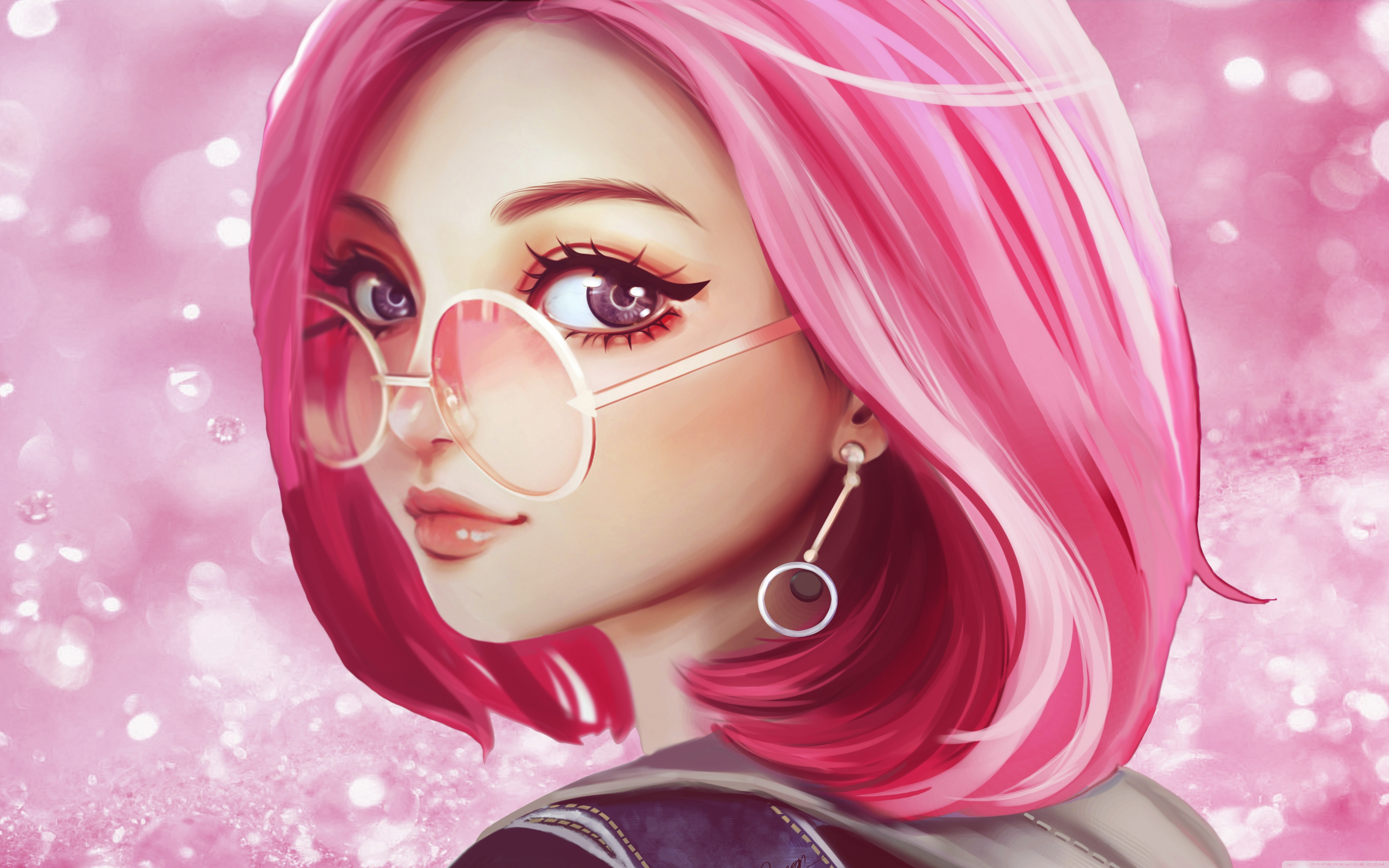 Cute Girl Pink Hair Sunglasses Digital Art Drawing Ultra HD