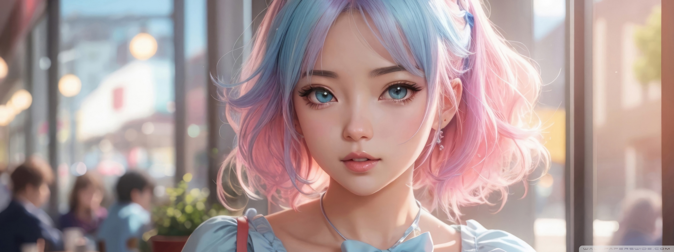 Cute Girl with Pink and Blue Color Hair, Sweet Cake, Pastel Colors, Art