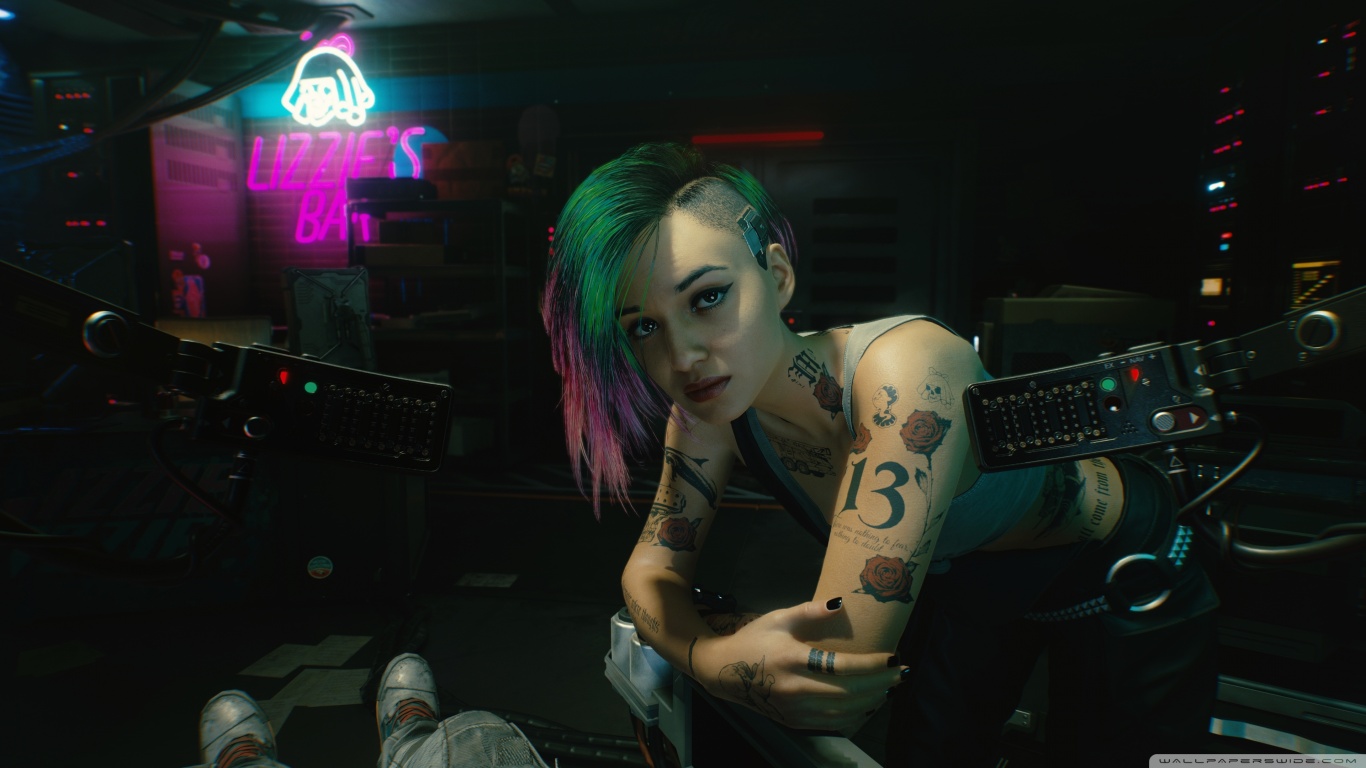 Download wallpaper 1366x768 woman, futuristic, cyberpunk 2077, game art,  tablet, laptop, 1366x768 hd background, 23105