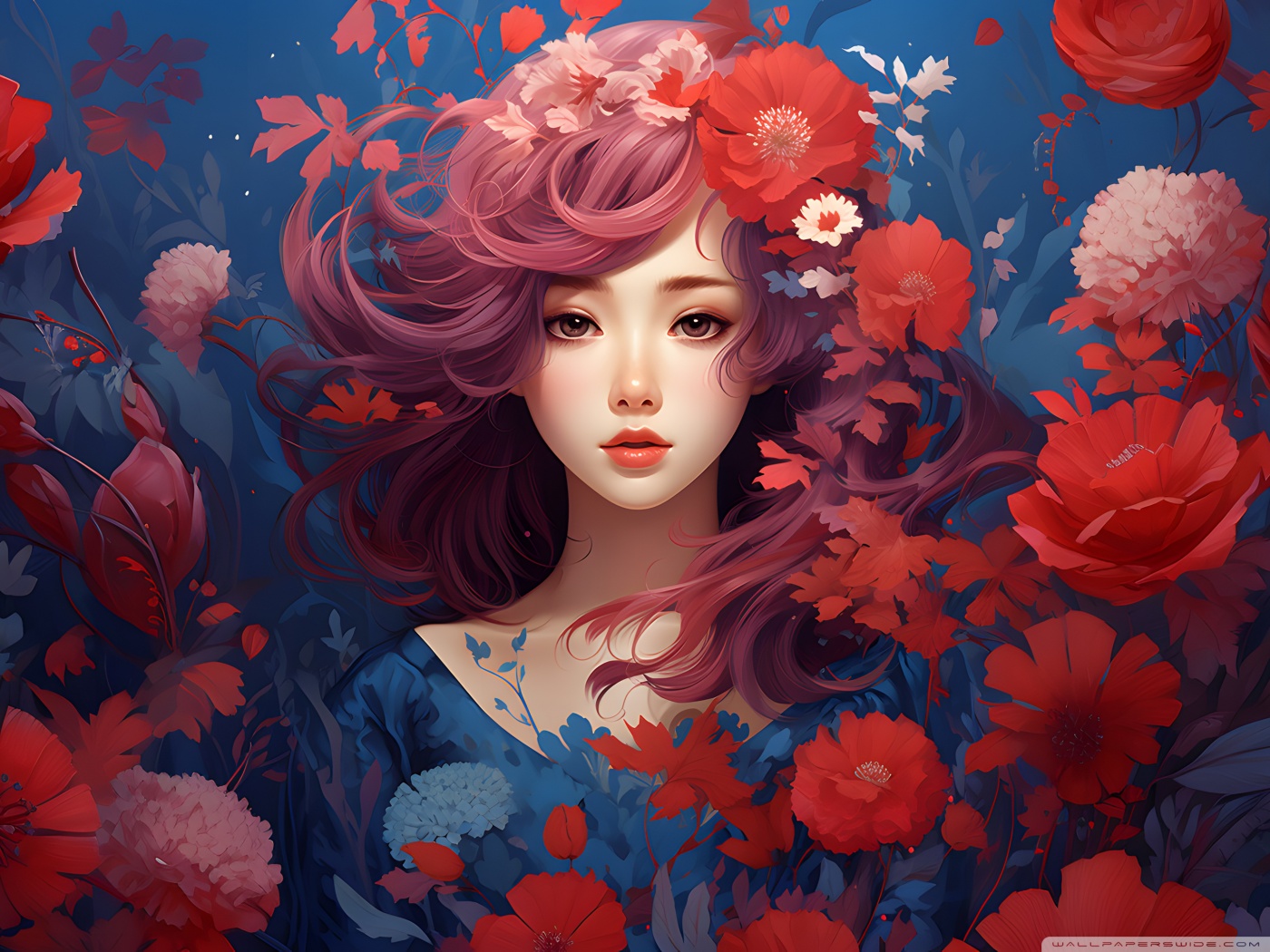 Red Flower, Girl Portrait Digital Painting Ultra HD Desktop Background ...