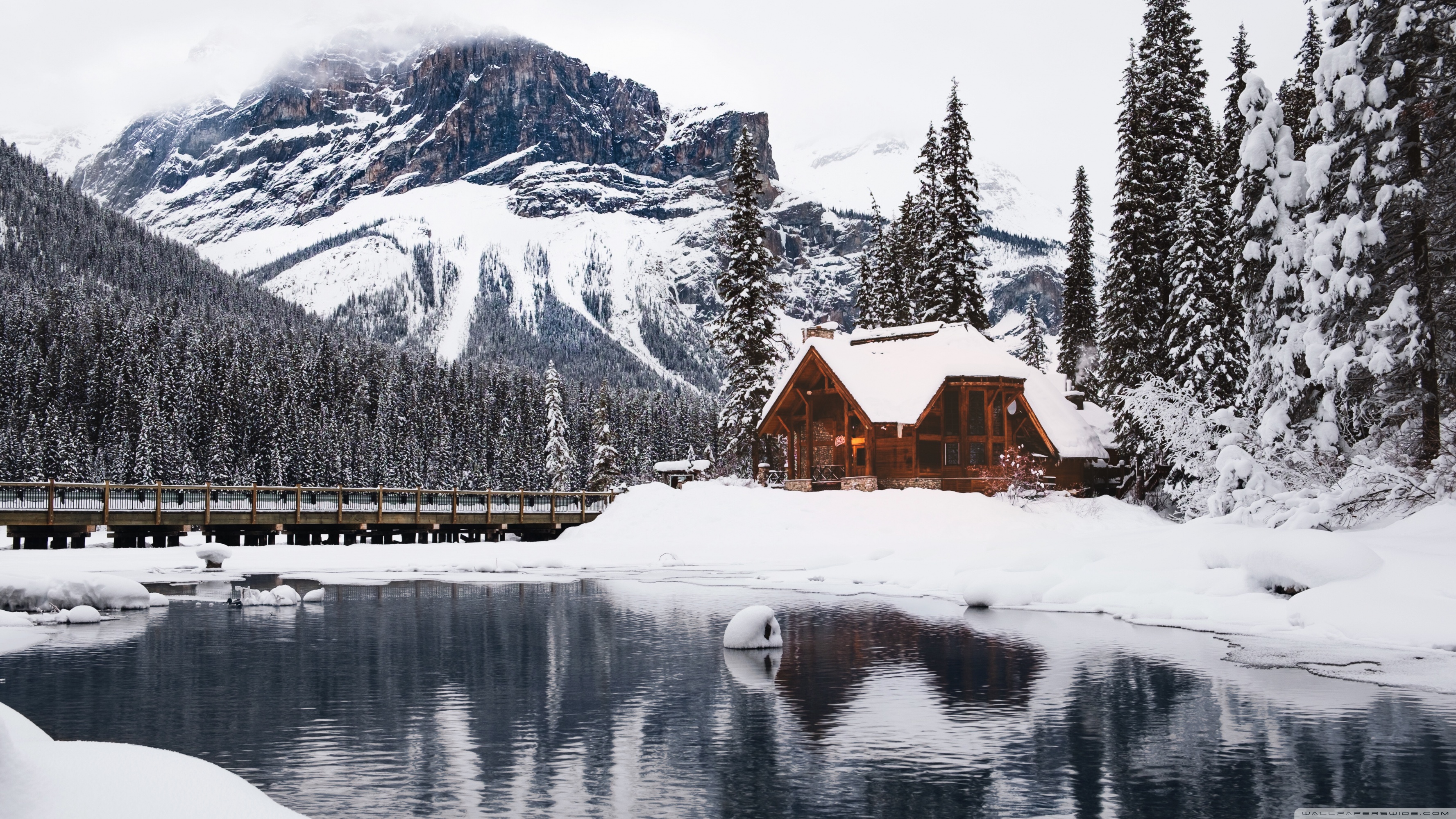 snowy cabin wallpaper