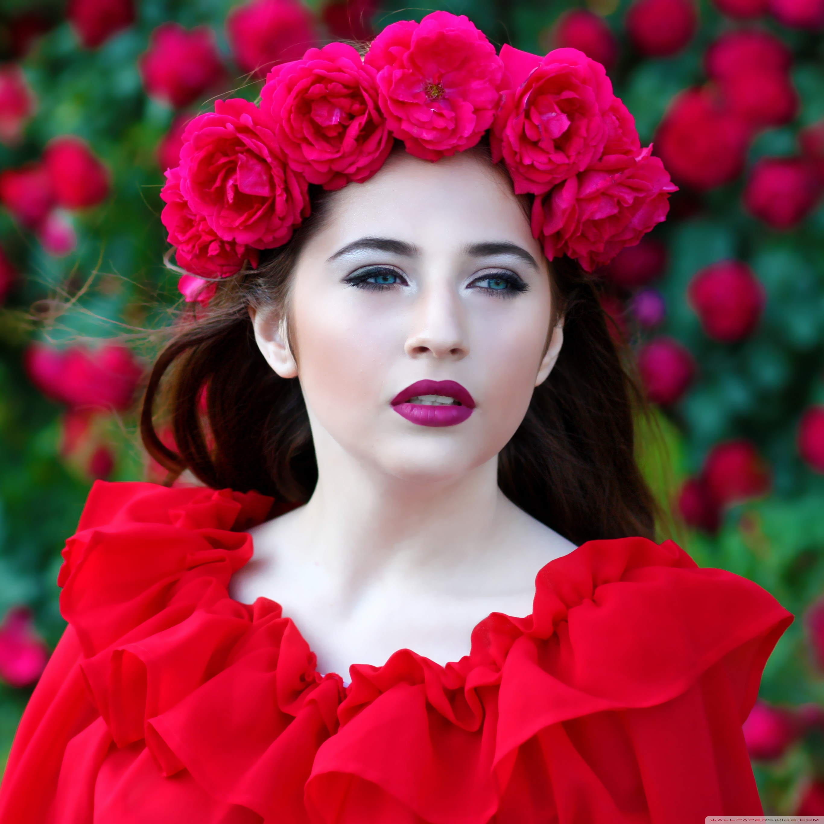 Woman in Red Dress, Red Roses Wreath Ultra HD Desktop Background ...